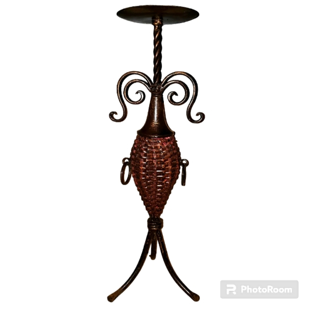 Vintage XL Black and Brown Wrought Iron and Whicker Pillar Candle Holder